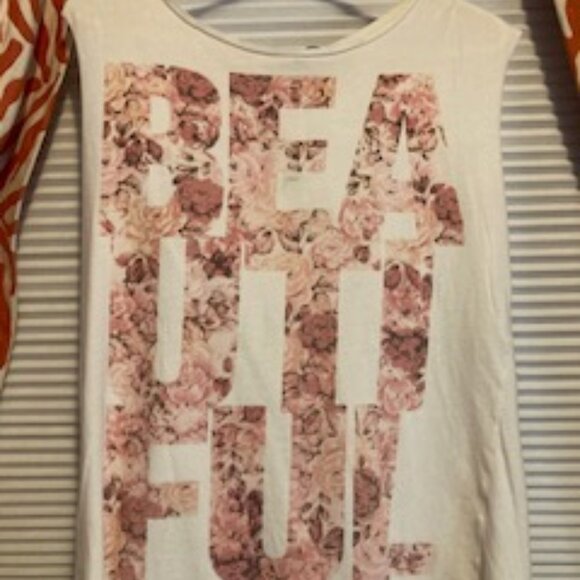 "Beautiful" written in floral letters on a white XL Muscle tee,  100% Cotton - Picture 2 of 8